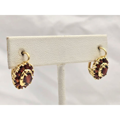 18K Yellow Gold Garnet Flower Hinged Earrings