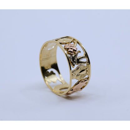 14K Two Tone Gold Lucky Charm Wide Band Ring Elephant Owl Horseshoe Ring