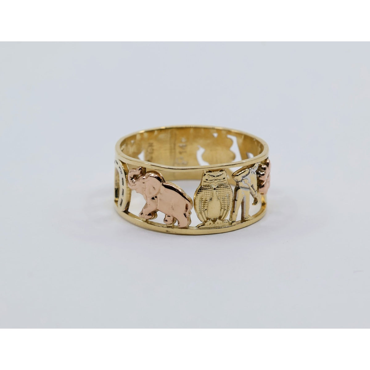 14K Two Tone Gold Lucky Charm Wide Band Ring Elephant Owl Horseshoe Ring