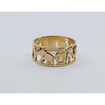 14K Two Tone Gold Lucky Charm Wide Band Ring Elephant Owl Horseshoe Ring