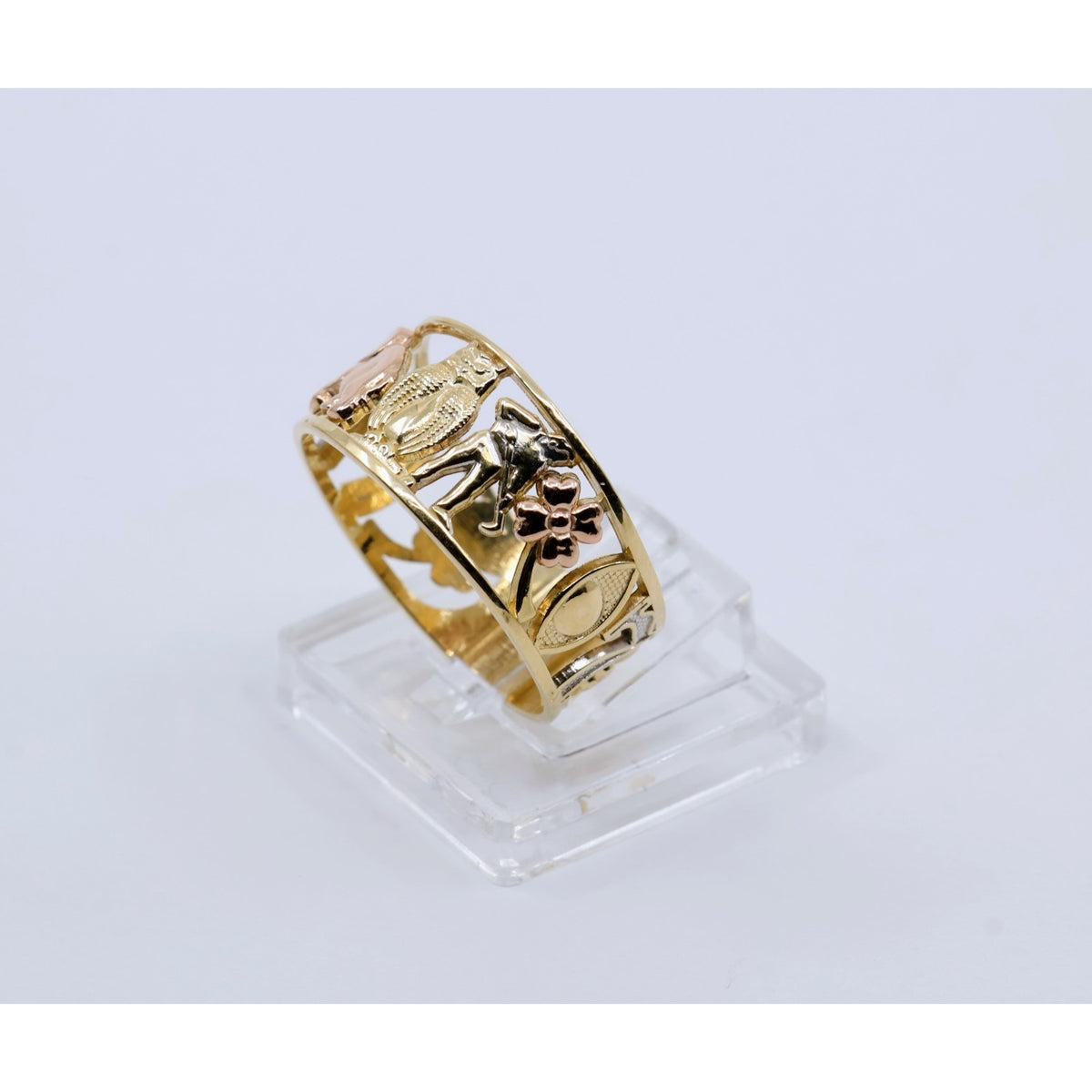 14K Two Tone Gold Lucky Charm Wide Band Ring Elephant Owl Horseshoe Ring