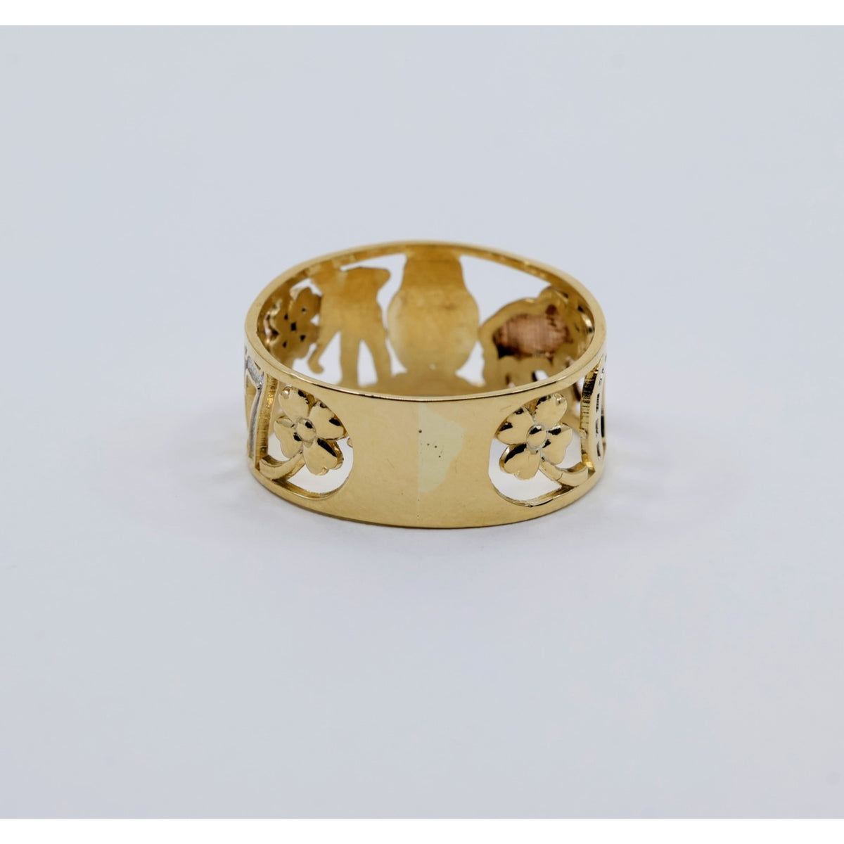 14K Two Tone Gold Lucky Charm Wide Band Ring Elephant Owl Horseshoe Ring