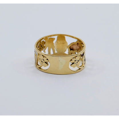 14K Two Tone Gold Lucky Charm Wide Band Ring Elephant Owl Horseshoe Ring