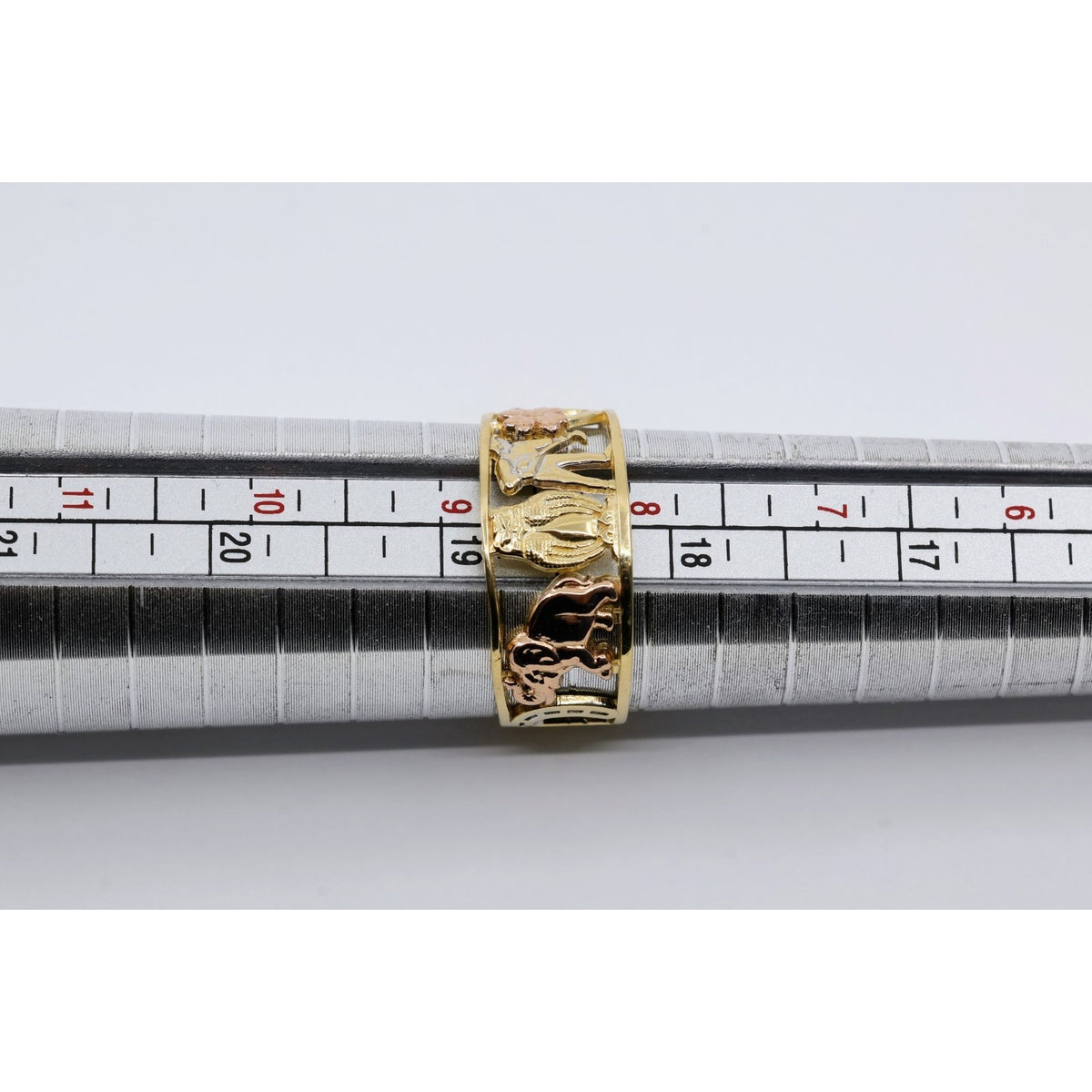 14K Two Tone Gold Lucky Charm Wide Band Ring Elephant Owl Horseshoe Ring