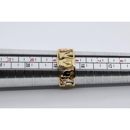 14K Two Tone Gold Lucky Charm Wide Band Ring Elephant Owl Horseshoe Ring