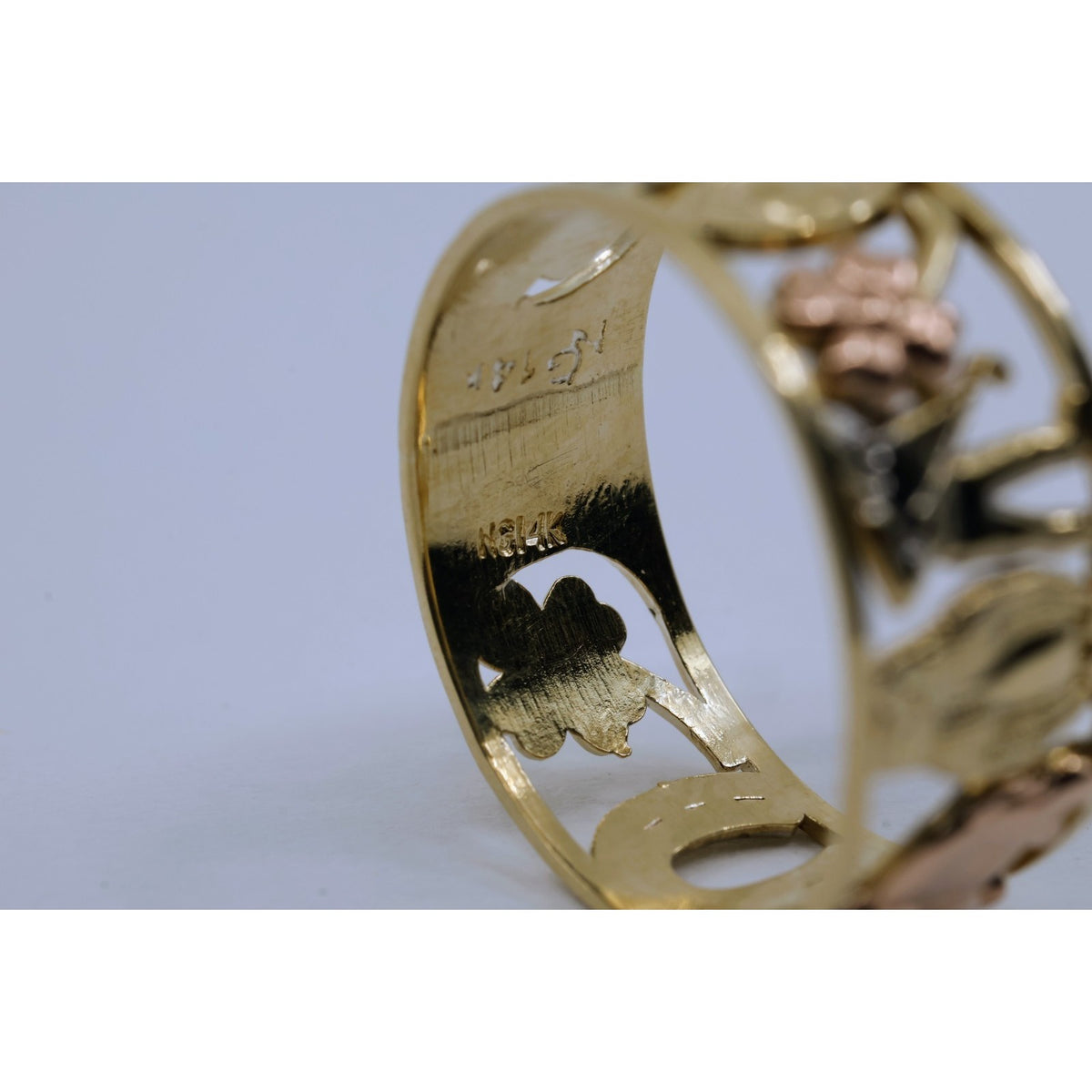 14K Two Tone Gold Lucky Charm Wide Band Ring Elephant Owl Horseshoe Ring