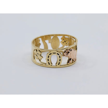 14K Two Tone Gold Lucky Charm Wide Band Ring Elephant Owl Horseshoe Ring