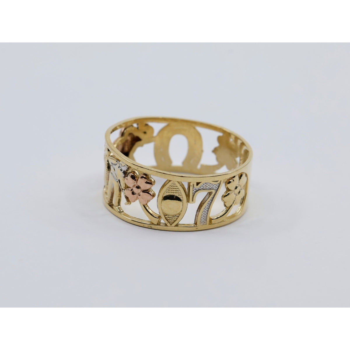 14K Two Tone Gold Lucky Charm Wide Band Ring Elephant Owl Horseshoe Ring