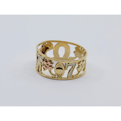 14K Two Tone Gold Lucky Charm Wide Band Ring Elephant Owl Horseshoe Ring