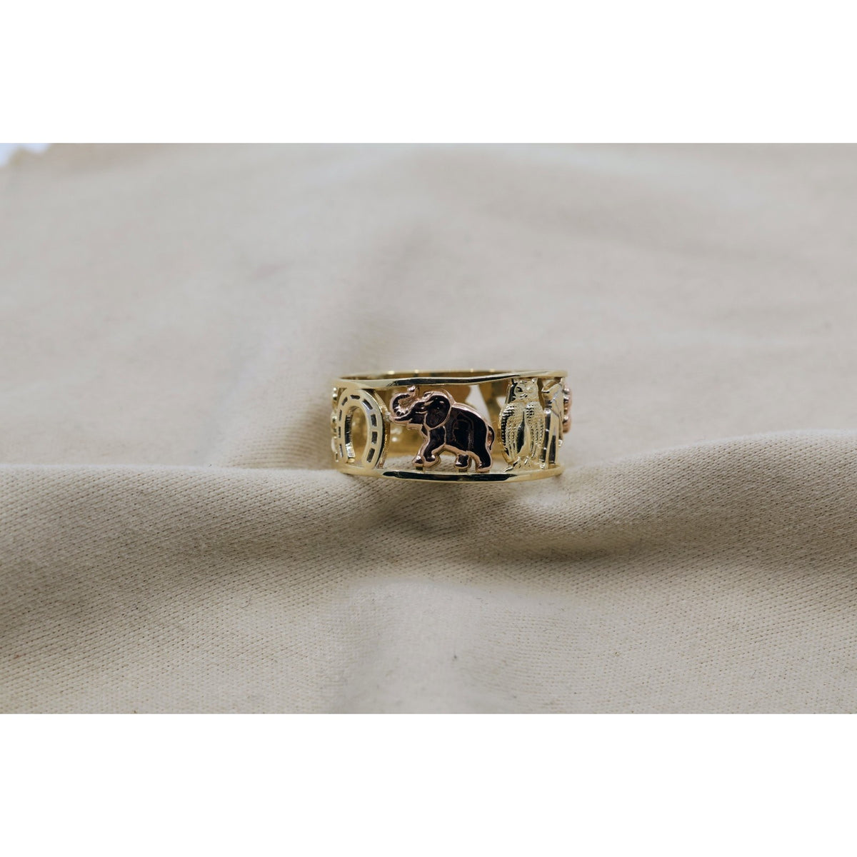 14K Two Tone Gold Lucky Charm Wide Band Ring Elephant Owl Horseshoe Ring