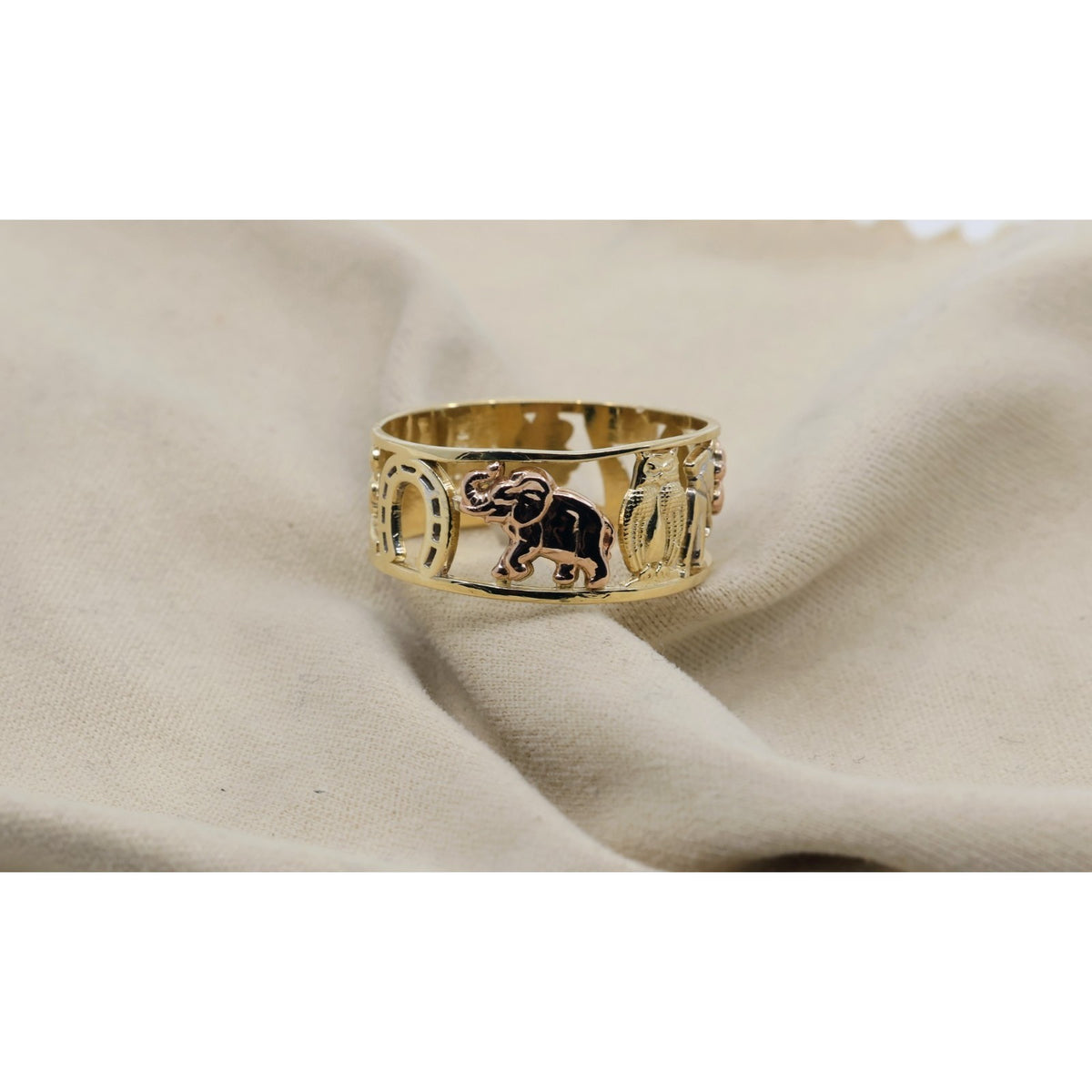 14K Two Tone Gold Lucky Charm Wide Band Ring Elephant Owl Horseshoe Ring