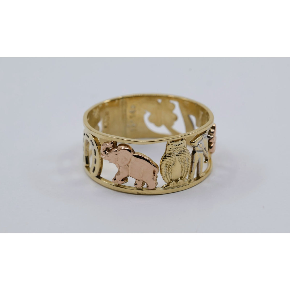 14K Two Tone Gold Lucky Charm Wide Band Ring Elephant Owl Horseshoe Ring
