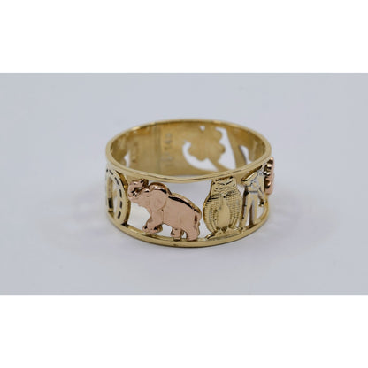 14K Two Tone Gold Lucky Charm Wide Band Ring Elephant Owl Horseshoe Ring