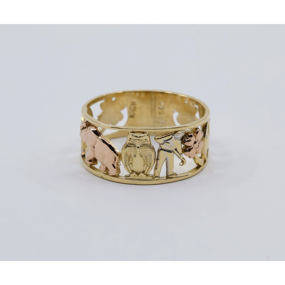 14K Two Tone Gold Lucky Charm Wide Band Ring Elephant Owl Horseshoe Ring