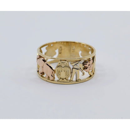 14K Two Tone Gold Lucky Charm Wide Band Ring Elephant Owl Horseshoe Ring