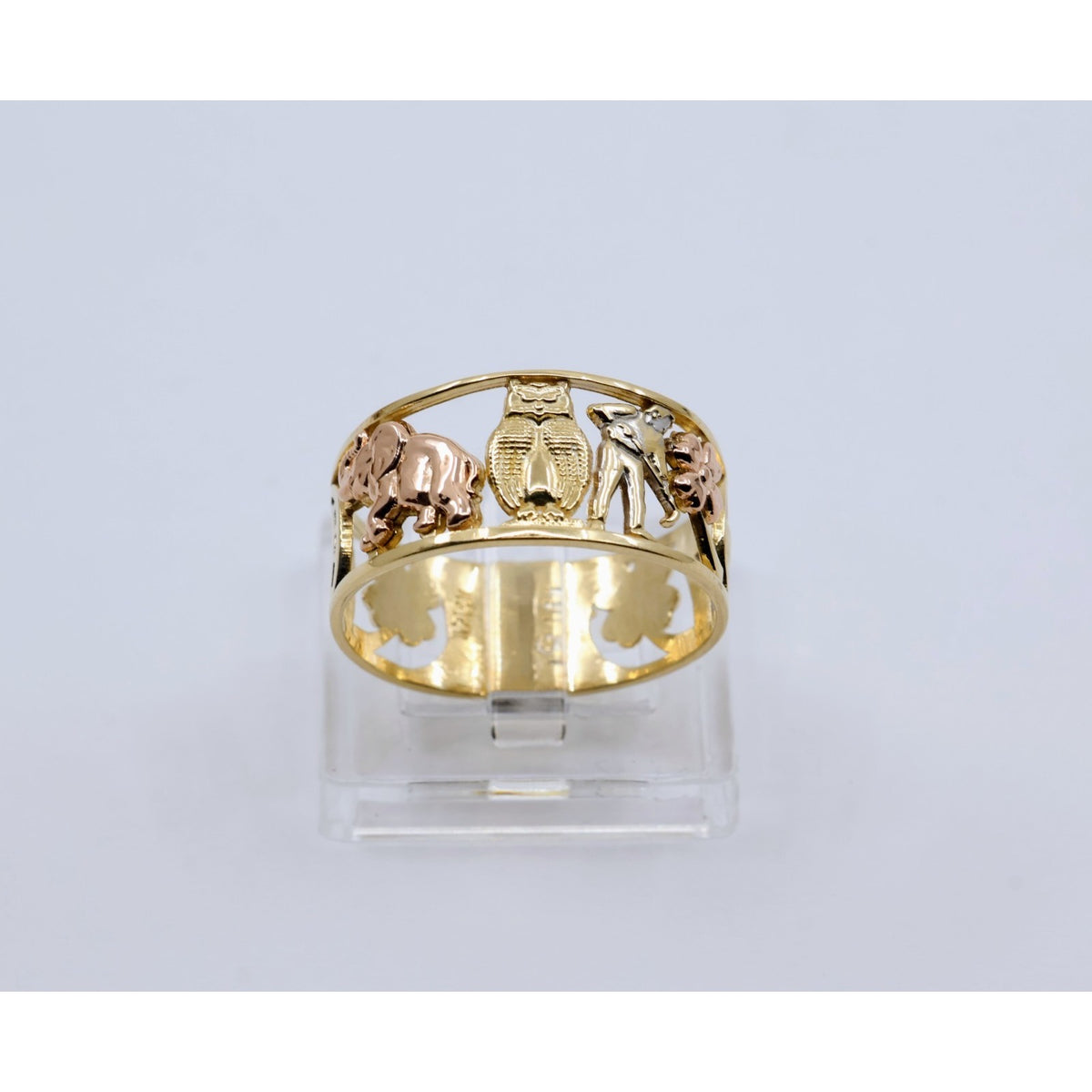14K Two Tone Gold Lucky Charm Wide Band Ring Elephant Owl Horseshoe Ring