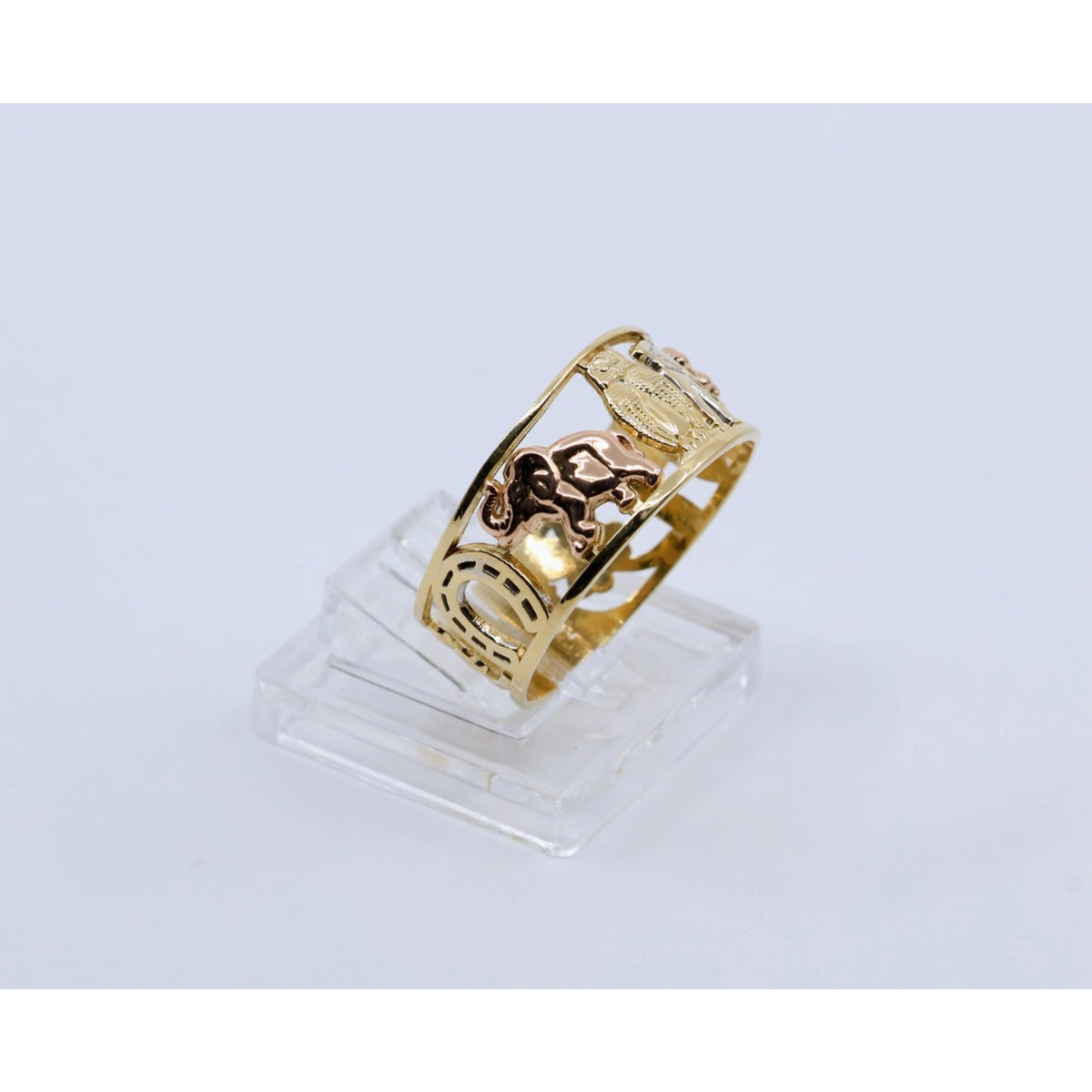 14K Two Tone Gold Lucky Charm Wide Band Ring Elephant Owl Horseshoe Ring