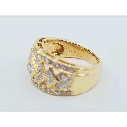 18K Yellow Gold Round & Square Cut Diamond Wide Band Ring
