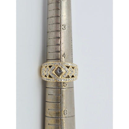 18K Yellow Gold Round & Square Cut Diamond Wide Band Ring