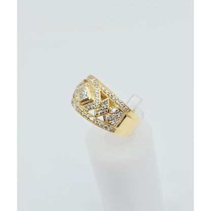 18K Yellow Gold Round & Square Cut Diamond Wide Band Ring