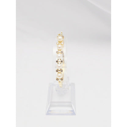 14K Yellow Gold Pearl & CZ Bangle Bracelet