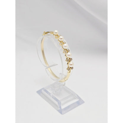14K Yellow Gold Pearl & CZ Bangle Bracelet