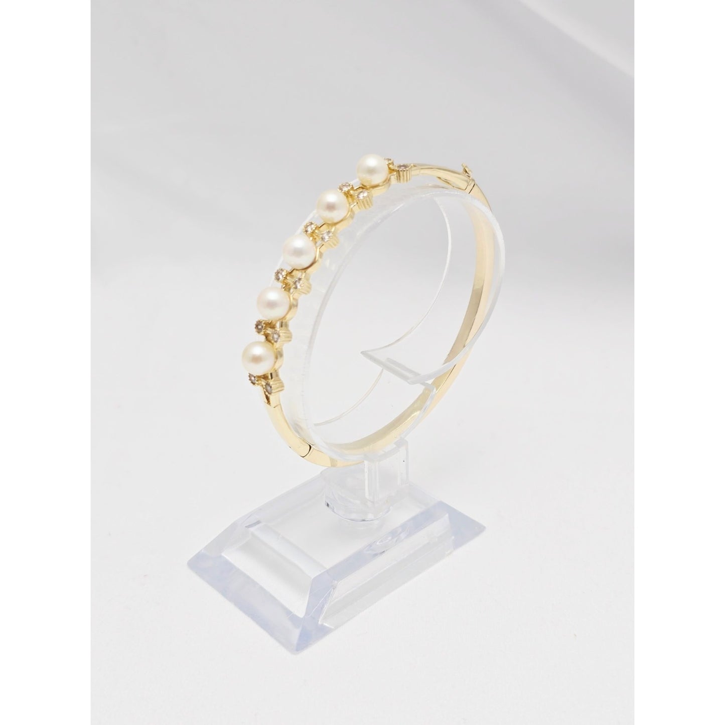 14K Yellow Gold Pearl & CZ Bangle Bracelet