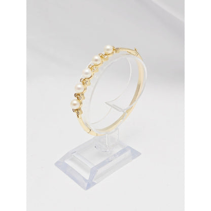 14K Yellow Gold Pearl & CZ Bangle Bracelet