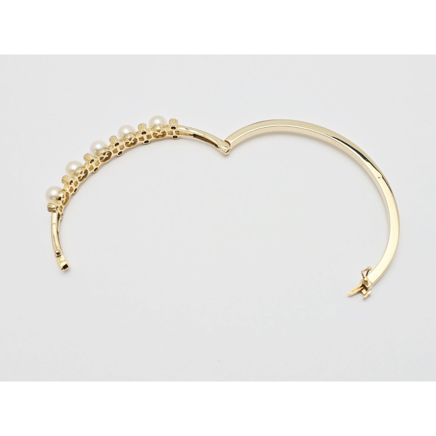 14K Yellow Gold Pearl & CZ Bangle Bracelet