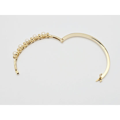 14K Yellow Gold Pearl & CZ Bangle Bracelet