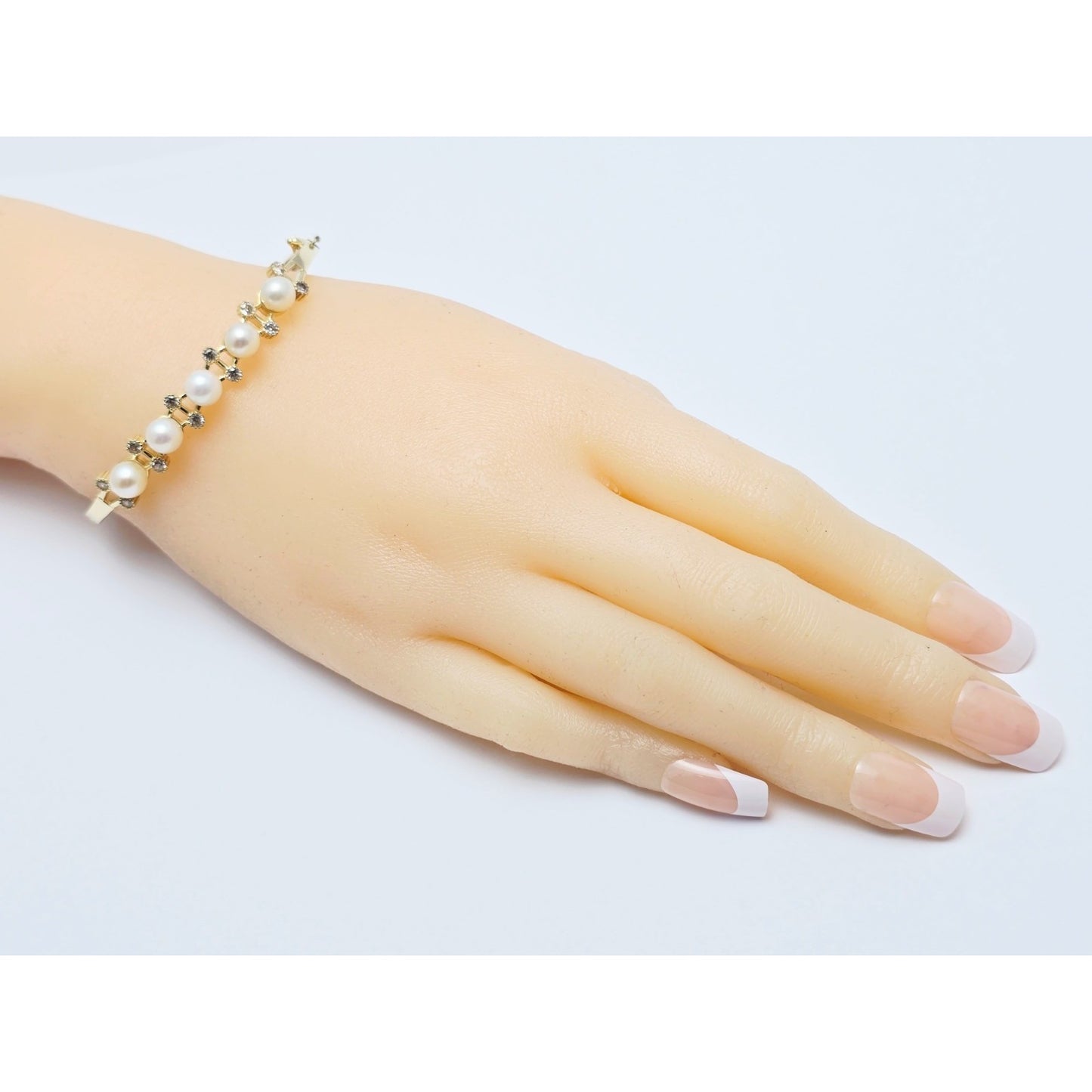 14K Yellow Gold Pearl & CZ Bangle Bracelet