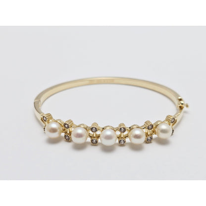 14K Yellow Gold Pearl & CZ Bangle Bracelet