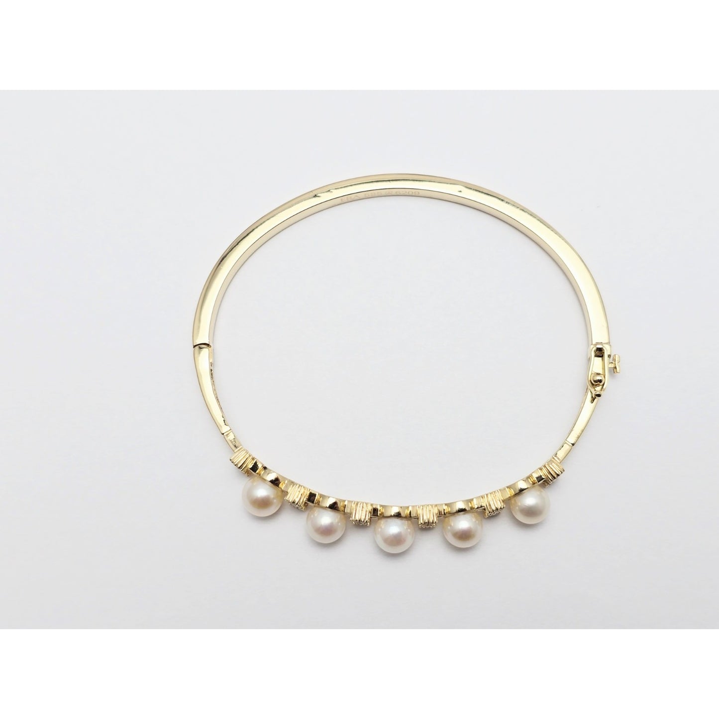 14K Yellow Gold Pearl & CZ Bangle Bracelet