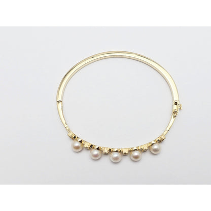 14K Yellow Gold Pearl & CZ Bangle Bracelet