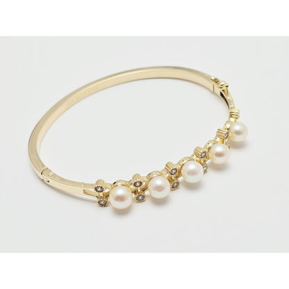 14K Yellow Gold Pearl & CZ Bangle Bracelet
