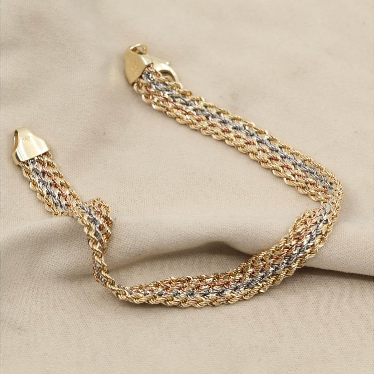 14K Tri Tone Gold Flat Wide Multi Row Rope Bracelet