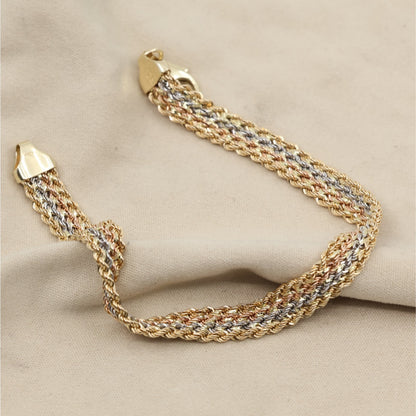 14K Tri Tone Gold Flat Wide Multi Row Rope Bracelet