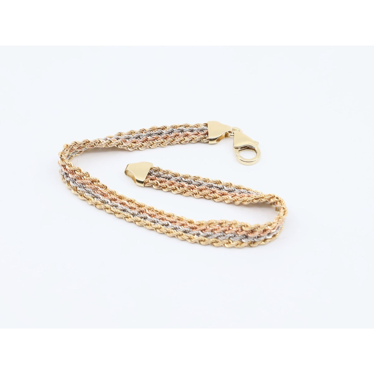 14K Tri Tone Gold Flat Wide Multi Row Rope Bracelet