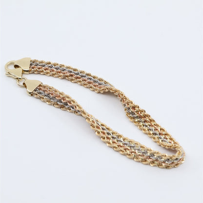 14K Tri Tone Gold Flat Wide Multi Row Rope Bracelet