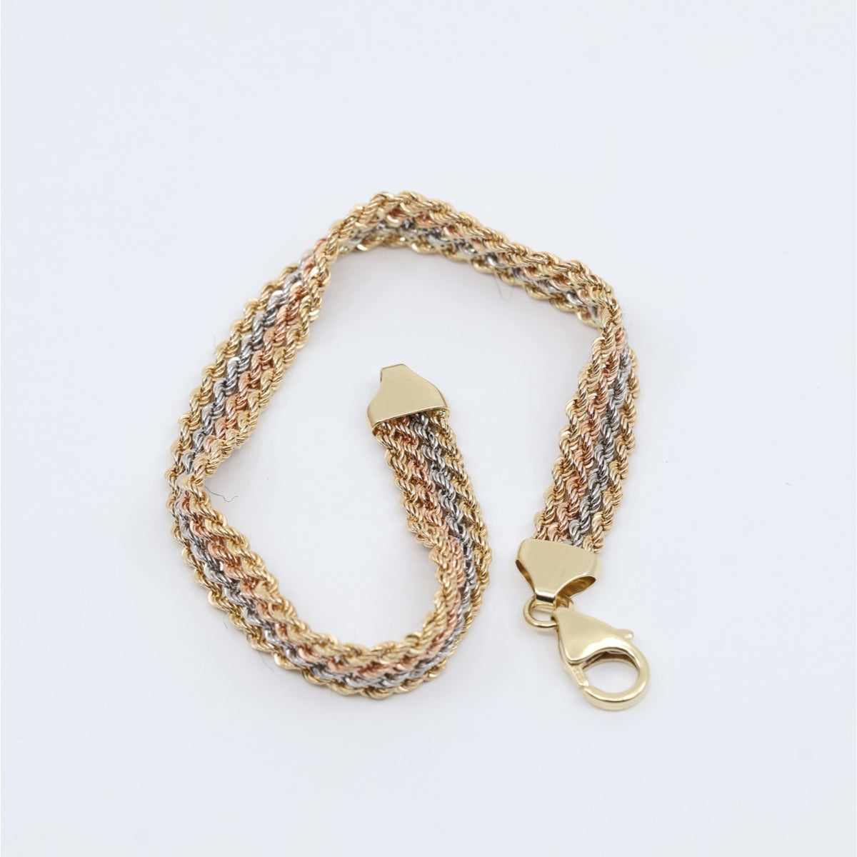 14K Tri Tone Gold Flat Wide Multi Row Rope Bracelet
