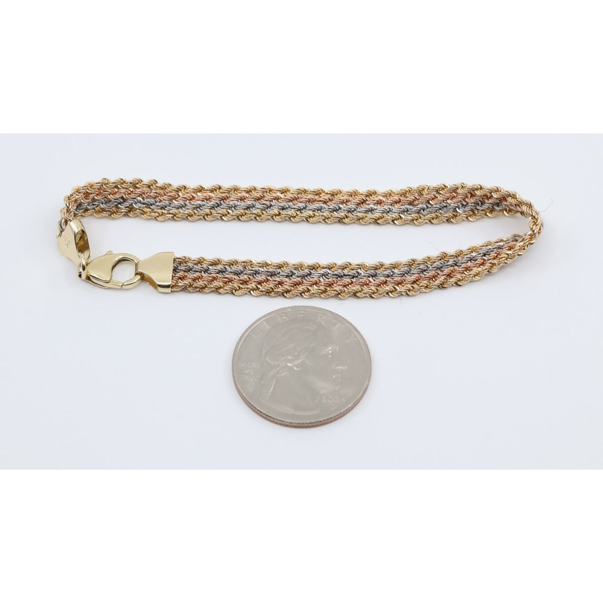 14K Tri Tone Gold Flat Wide Multi Row Rope Bracelet