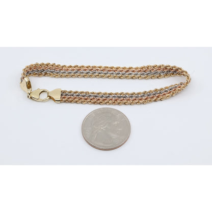 14K Tri Tone Gold Flat Wide Multi Row Rope Bracelet
