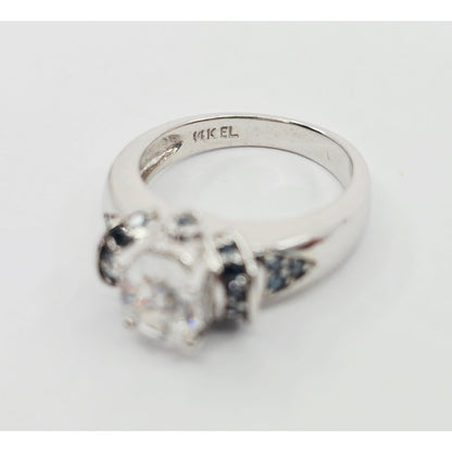 14K White Gold Clear Gemstone & Green Diamond Ring