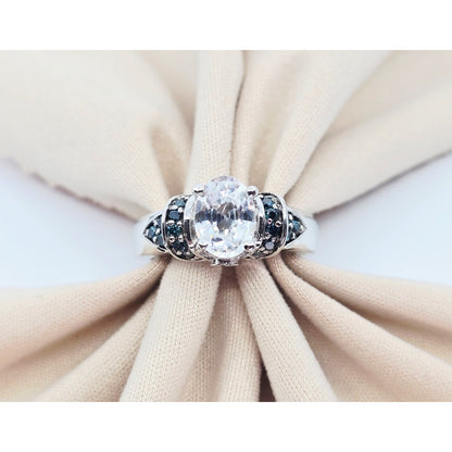 14K White Gold Clear Gemstone & Green Diamond Ring