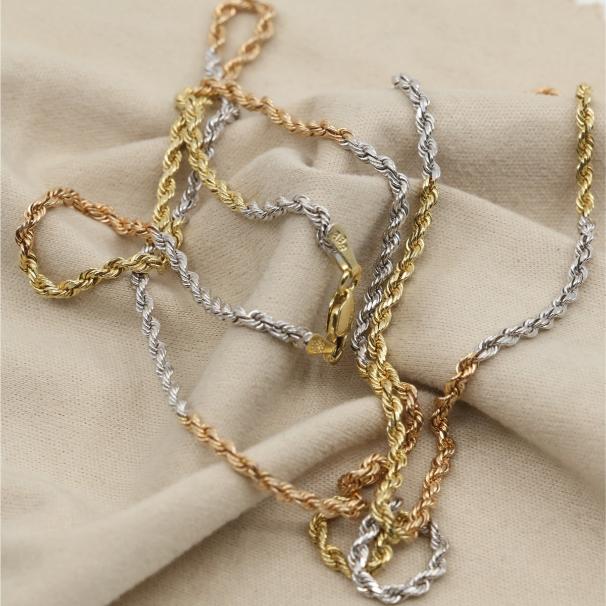 14K Tri Tone Gold Rope Chain Necklace