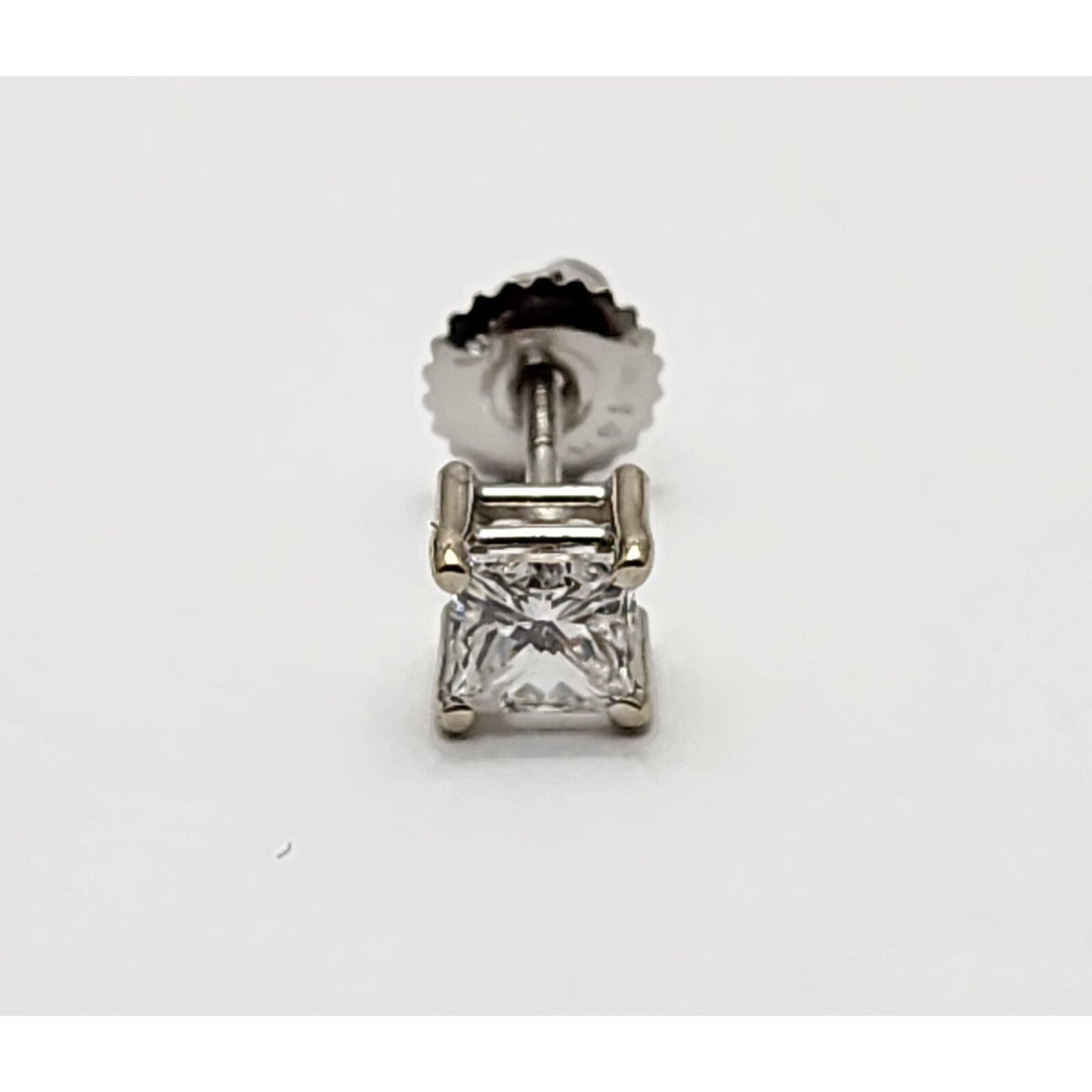 Single 14K White Gold Square Princess Cut Diamond Screw Back Stud Earring