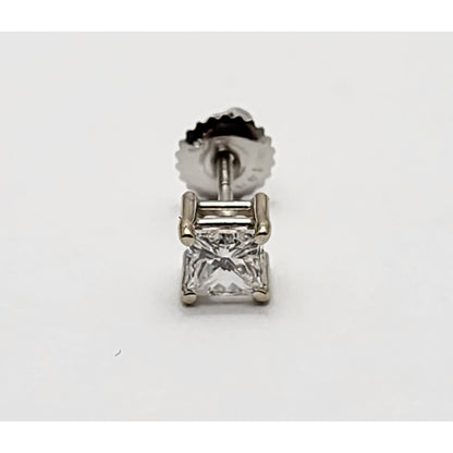 Single 14K White Gold Square Princess Cut Diamond Screw Back Stud Earring