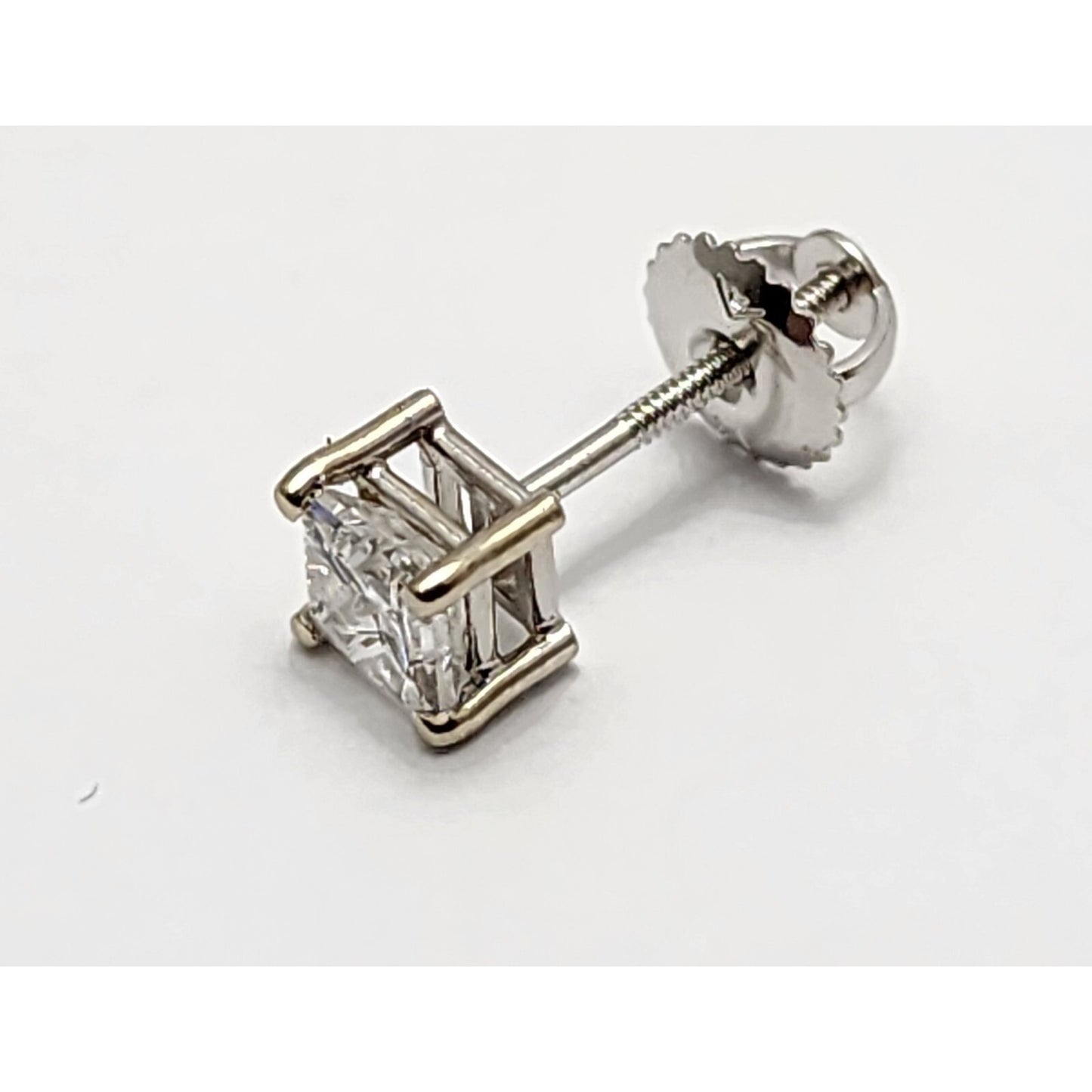Single 14K White Gold Square Princess Cut Diamond Screw Back Stud Earring