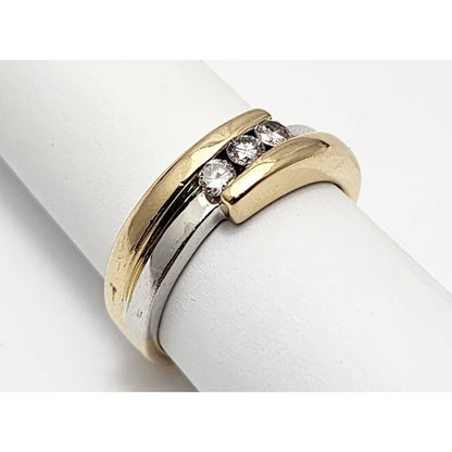 14K Two Tone Gold 3 Stone Diamond Wedding Band Ring