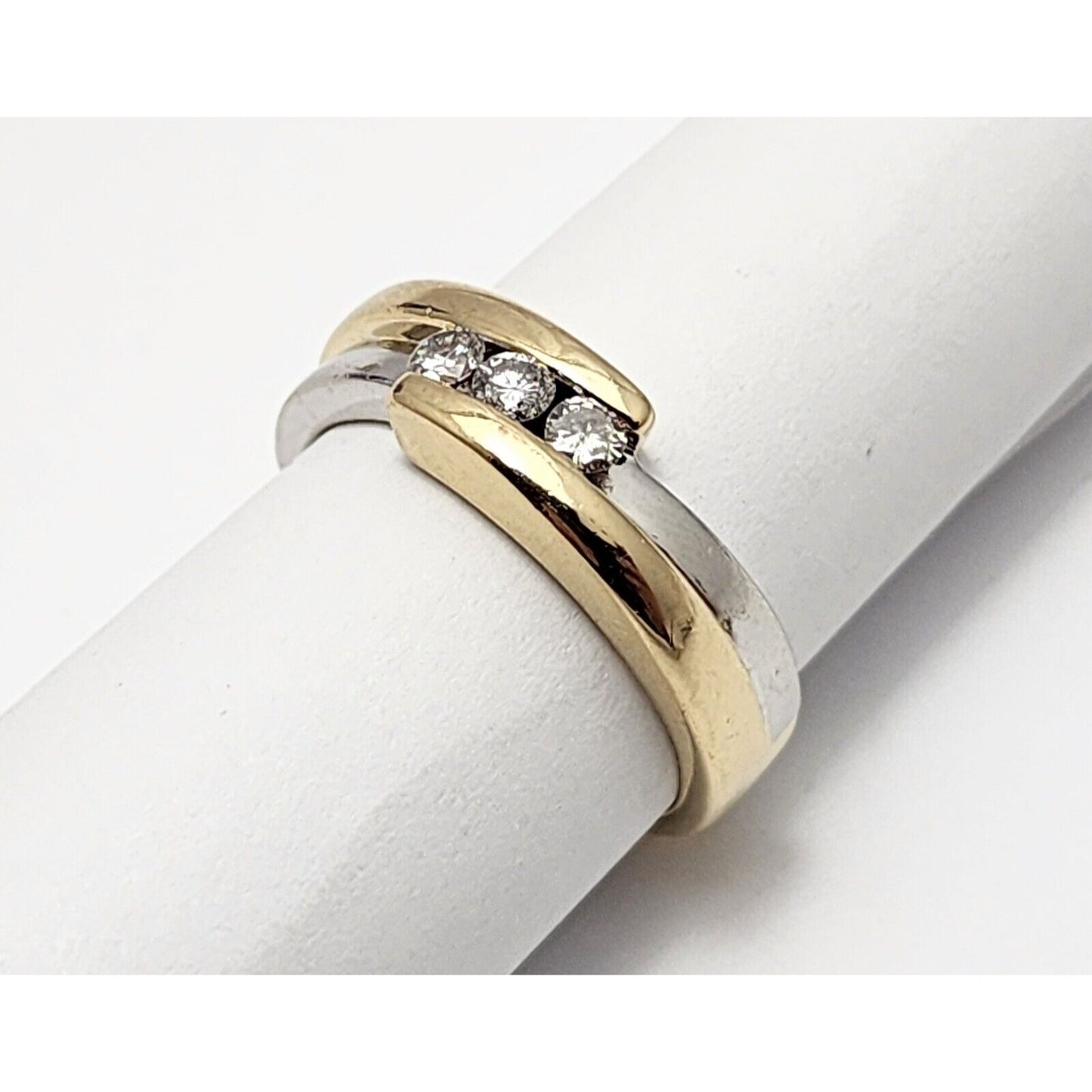 14K Two Tone Gold 3 Stone Diamond Wedding Band Ring